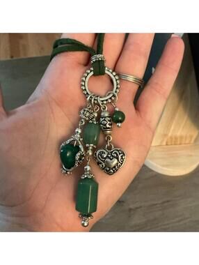 Green & Silver Genuine Stone Tassel Charm Pendant Necklace on Suede Cords